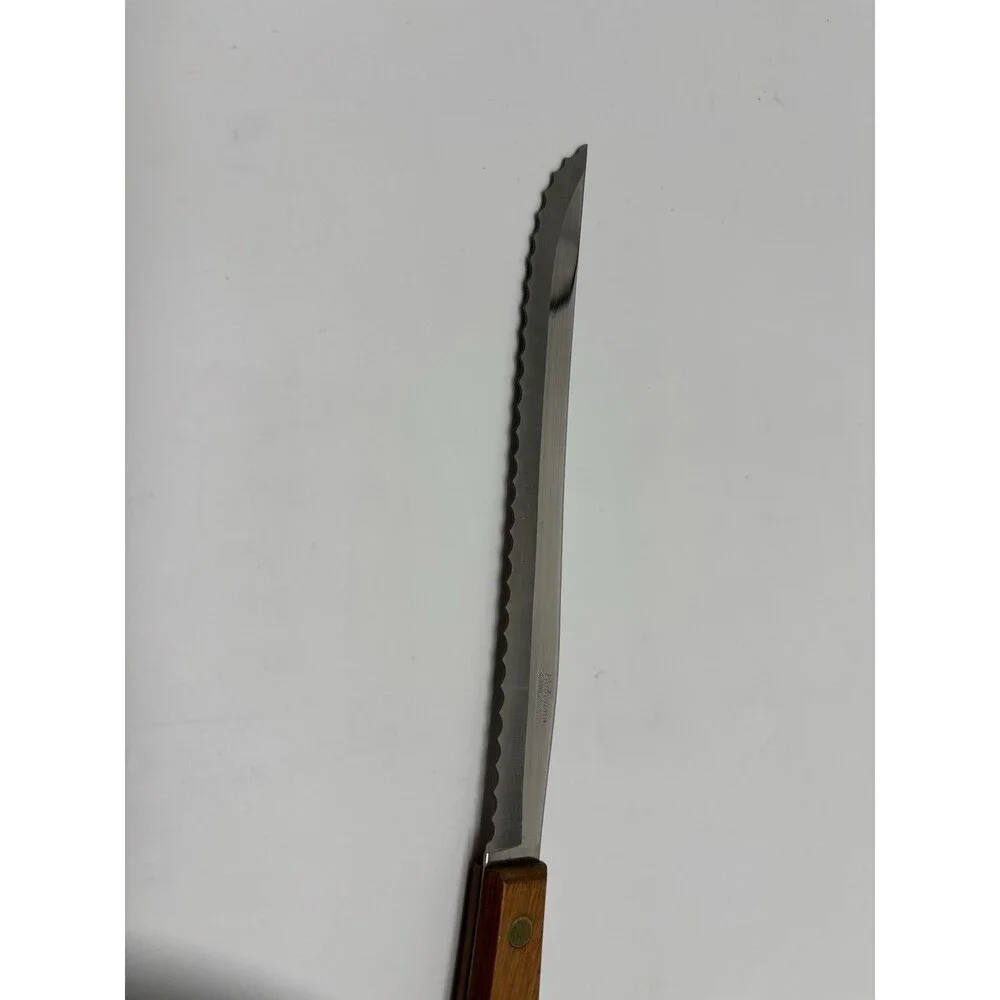 Vtg 12” Robinson Knife Co Slicer Carver Serrated Knife Wood Handle Brass Rivets